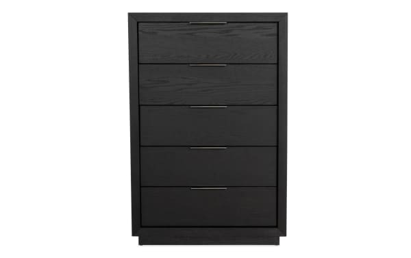 Tall black wood dresser with five drawers, sleek metal handles, and a modern, minimalist design for bedroom storage.