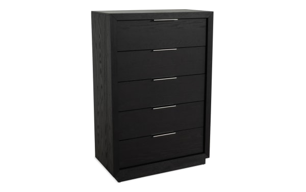 Black wooden five-drawer dresser with sleek silver handles, modern design, and smooth finish for bedroom storage and organization.