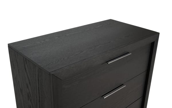 Black wooden dresser with a smooth finish, featuring modern metal handles and a sleek, minimalist design, ideal for bedroom storage.