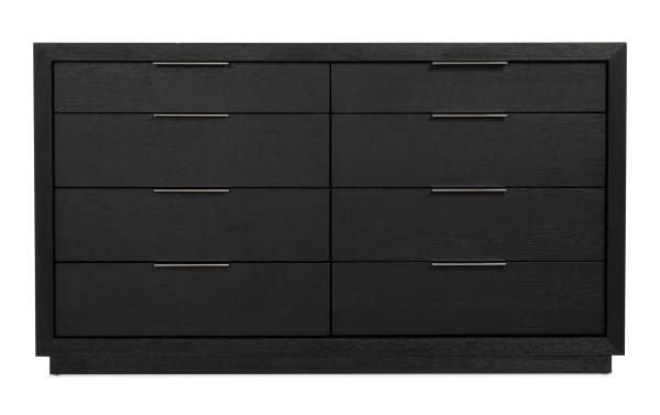 Modern black wooden dresser with eight drawers, sleek metal handles, and a minimalist frame, ideal for bedroom storage.