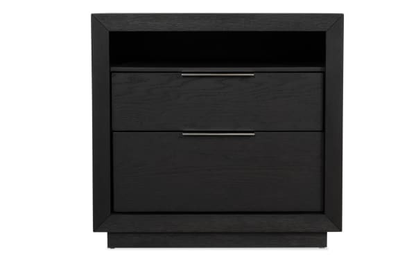 Black wooden nightstand with two drawers and silver handles, featuring a top open shelf and a modern, minimalist design.