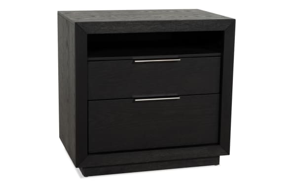 Black wooden nightstand with two drawers and metal handles, featuring a modern square frame design and an open shelf for storage.