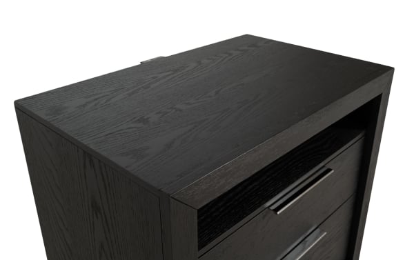 Black wooden nightstand with a smooth top surface, featuring a drawer with a sleek metal handle and an open shelf below, showcasing a modern minimalist design.