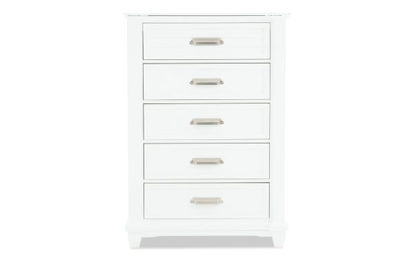Sunset Cove White 5 Drawer Lift-Top Chest in coastal style, made of white MDF with slatted design and metal handles, part of Sunset Cove Bedroom collection.