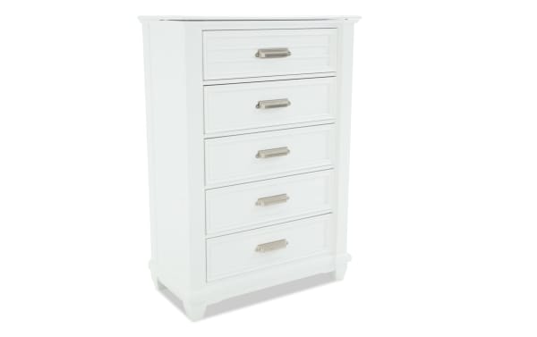 Sunset Cove White 5 Drawer Lift-Top Chest in coastal style, made of white MDF with slatted drawer fronts, felt-lined top drawer, and removable jewelry tray.