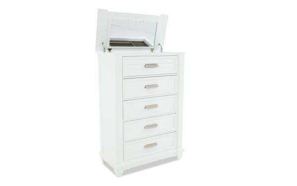 Sunset Cove White 5 Drawer Lift-Top Chest in coastal style, MDF construction, featuring a slatted lift-top with mirror and silver handles.