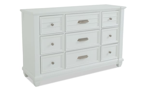 Sunset Cove White 9 Drawer Dresser in coastal style, MDF construction, with slatted drawer fronts, felt-lined top drawers, and removable jewelry tray.