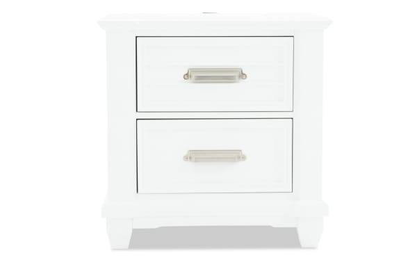 White Sunset Cove 2 Drawer Nightstand in coastal style with slatted MDF construction, metal handles, and built-in USB/USB-C charging ports.