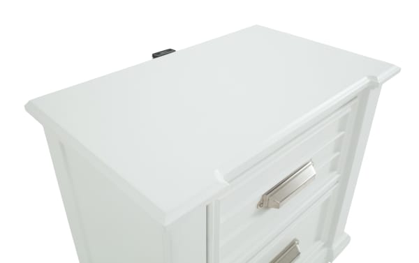 Sunset Cove White 2 Drawer Nightstand in coastal style with MDF construction, featuring a smooth white top and silver drawer pulls, part of Sunset Cove Bedroom collection.