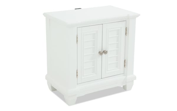 Sunset Cove White 2 Door Nightstand in coastal style with slatted MDF doors, silver knobs, and built-in USB/USB-C ports for bedroom use.