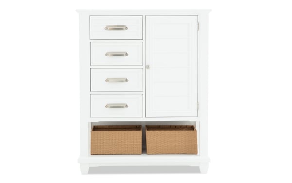 Sunset Cove White 4 Drawer Wardrobe in coastal style with MDF construction, slatted door, felt-lined drawers, and woven bottom storage baskets.