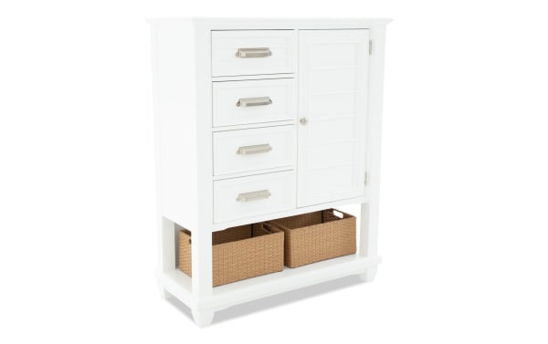 Sunset Cove White 4 Drawer Wardrobe in coastal style with MDF construction, slatted door, felt-lined drawers, and bottom wicker baskets for beach-inspired storage.