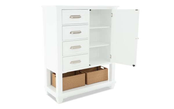 Sunset Cove White 4 Drawer Wardrobe in coastal style with MDF construction, featuring slatted door, felt-lined drawers, and bottom storage baskets.