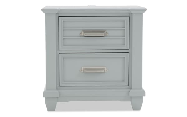 Sunset Cove Gray 2 Drawer Nightstand in coastal style with slatted MDF design, built-in USB/USB-C ports, and felt-lined top drawer for bedroom use.
