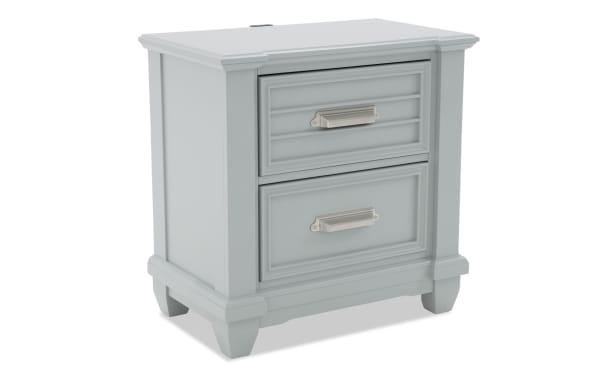 Sunset Cove Gray 2 Drawer Nightstand in coastal style, MDF construction, with slatted drawer design and brushed metal handles, part of Sunset Cove Bedroom collection.