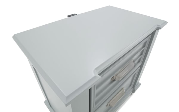Sunset Cove Gray 2 Drawer Nightstand in coastal style, MDF material, featuring slatted drawer fronts and built-in USB/USB-C ports.