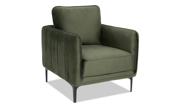 Madeline Olive Green Accent Chair in contemporary style with plush olive velvet upholstery, cushioned foam seat, slope arms, and slender black metal legs.