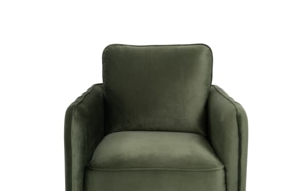 Contemporary Madeline Olive Green Accent Chair with plush velvet upholstery, cushioned seat and back, and comfortable slope arms for relaxation.