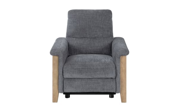 Gray fabric upholstered armchair with wooden legs and arm supports, featuring a cushioned backrest and seat for comfortable seating.