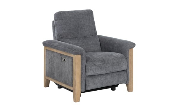 Gray fabric recliner chair with wooden frame, cushioned seat and backrest, featuring a side control button for reclining adjustment.
