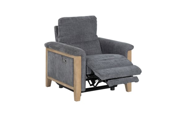 Gray fabric recliner chair with wooden frame, padded armrests, and extended footrest, designed for comfort and relaxation.