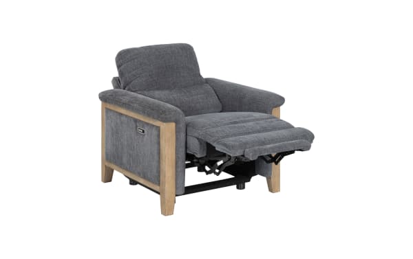 Gray fabric recliner chair with wooden frame and padded armrests, featuring an extended footrest for added comfort.
