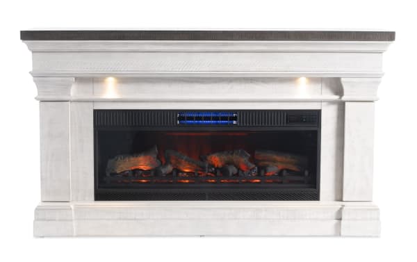 Beaumont 67.8'' white and gray transitional electric fireplace and TV stand with MDF frame, tempered glass front, multi-colored LED mood lighting, and remote control.
