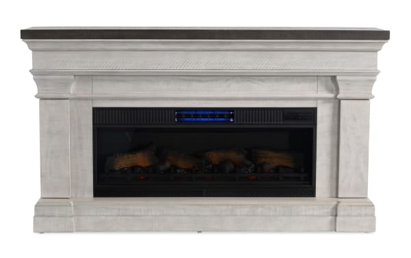 Beaumont 67.8'' white and gray transitional electric fireplace and TV stand with MDF frame, tempered glass, CoolGlow® tech, multi-color LED lighting, and remote control.