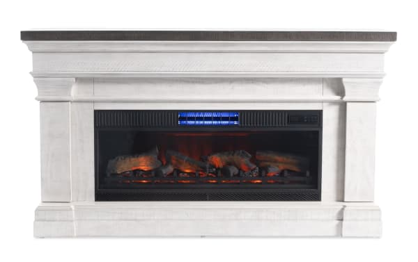 Beaumont 67.8'' white and gray transitional electric fireplace and TV stand with MDF frame, tempered glass, CoolGlow® 2-in-1 heater and fan, LED mood lighting, and remote control.