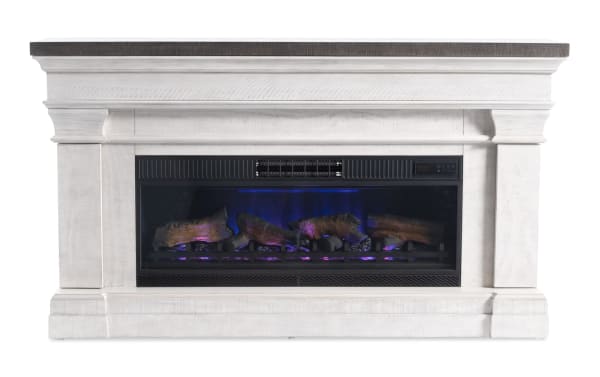 Beaumont 67.8" transitional white and gray MDF electric fireplace and TV stand with tempered glass, multi-color LED lighting, and remote control.