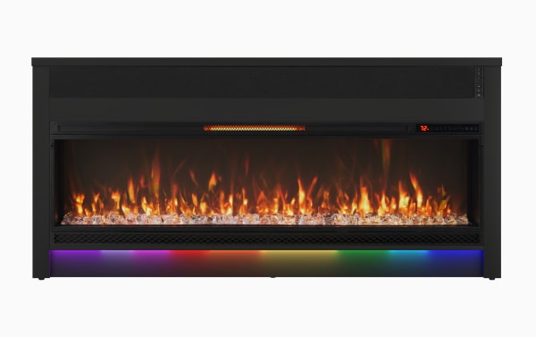 Contemporary Prism 64" black electric fireplace and TV stand in MDF and tempered glass, featuring adjustable thermostat, auto-shutoff, Bluetooth soundbar, and mood lighting.