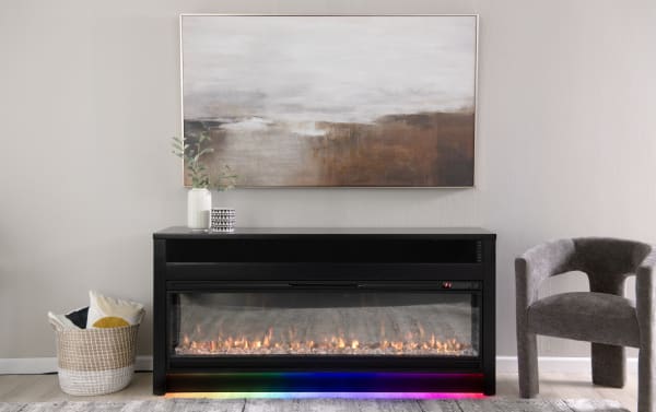 Contemporary Prism 64" black MDF and tempered glass electric fireplace TV stand with adjustable thermostat, auto-shutoff, Bluetooth soundbar, and mood lighting.