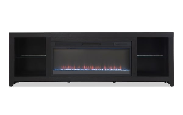 Contemporary Cosmopolitan 85'' black electric fireplace and TV stand with MDF, tempered glass, LED flames, adjustable thermostat, and open storage shelves.
