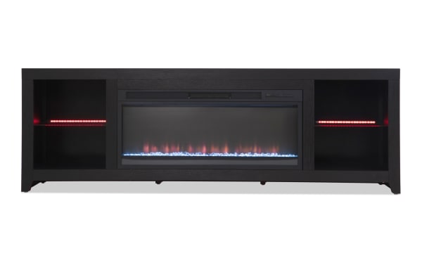 Cosmopolitan 85'' black contemporary electric fireplace and TV stand with MDF, tempered glass, LED flames, multi-color shelf lighting, and storage.