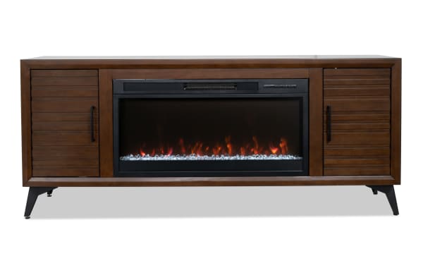 Mid-Century 70'' brown MDF and tempered glass electric fireplace TV stand with contemporary style, crystal rocks, wireless remote, and auto-shutoff.