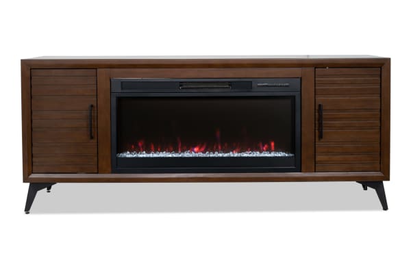 Mid-Century 70'' brown electric fireplace and TV stand in contemporary style, made of MDF and tempered glass with crystal rocks and black metal legs.