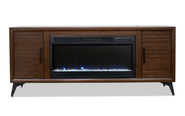 Mid-Century 70'' brown electric fireplace and TV stand in contemporary style, made of MDF and tempered glass with crystal rocks and wireless remote.