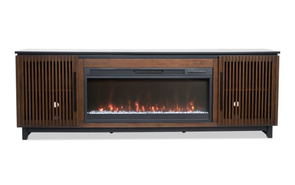 Havana 86'' black and brown contemporary electric fireplace and TV stand with MDF, tempered glass, slatted cabinet doors, LED flames, adjustable thermostat, and storage shelves.