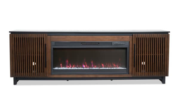 Havana 86" black and brown contemporary electric fireplace and TV stand with MDF, tempered glass, slatted cabinet doors, LED flame, adjustable thermostat, and storage shelves.