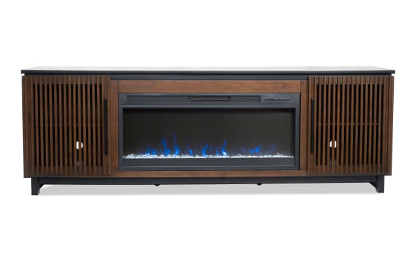 Havana 86" black and brown contemporary electric fireplace and TV stand with MDF, tempered glass, LED flames, adjustable thermostat, and storage shelves.