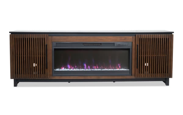 Havana 86'' black and brown contemporary electric fireplace TV stand with MDF, tempered glass, slatted doors, adjustable thermostat, LED flames, and storage shelves.