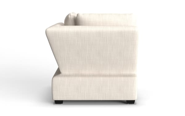 Playlist Max Beige Corner sofa side view, traditional style beige polyester fabric upholstery, plush cushions, and sturdy low black legs.