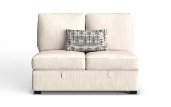 Playlist Max Beige armless loveseat in traditional style with beige polyester fabric upholstery, featuring a pop-up sleeper and memory foam cushion.