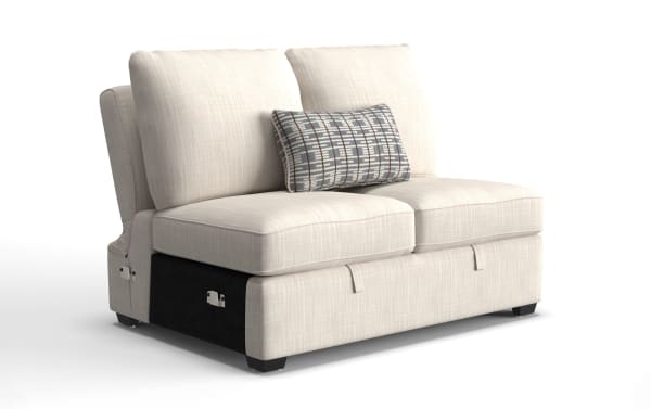 Playlist Max Beige Armless Pop-Up Sleeper Loveseat in beige polyester fabric, traditional style with memory foam cushion and pop-up sleeper feature.