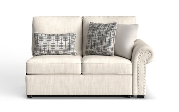 Playlist Max Beige Right Arm Facing Pop-Up Sleeper Loveseat in beige polyester fabric with traditional rolled arm, memory foam cushions, and built-in USB/USB-C ports.