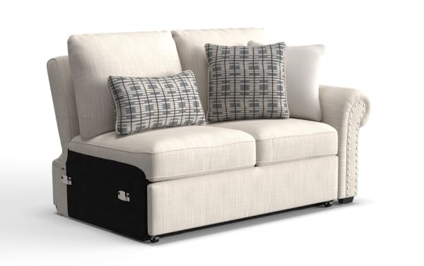 Playlist Max Beige Right Arm Facing Pop-Up Sleeper Loveseat with beige polyester fabric, traditional style, memory foam cushions, and built-in USB/USB-C ports.