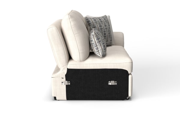 Playlist Max Beige right arm facing pop-up sleeper loveseat in traditional style with beige polyester fabric, memory foam cushions, and built-in USB/USB-C ports.