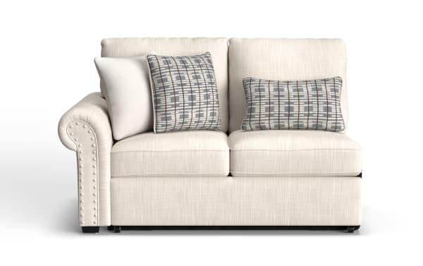 Beige Playlist Max left arm facing pop-up sleeper loveseat with traditional rolled arm, polyester fabric, memory foam cushions, patterned throw pillows, and built-in USB/USB-C ports.
