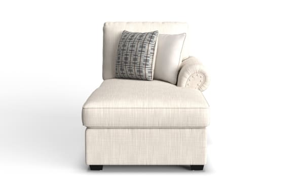 Playlist Max Beige right arm facing storage chaise in traditional style, beige polyester fabric with accent pillows, USB and USB-C ports, and hidden storage.