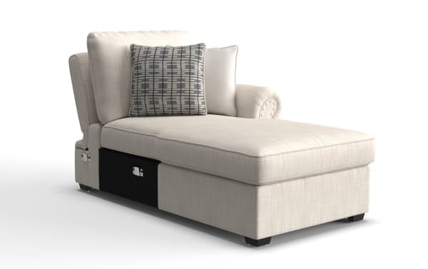 Playlist Max Beige Right Arm Facing Storage Chaise in traditional beige polyester fabric with memory foam, USB/USB-C ports, and hidden storage.